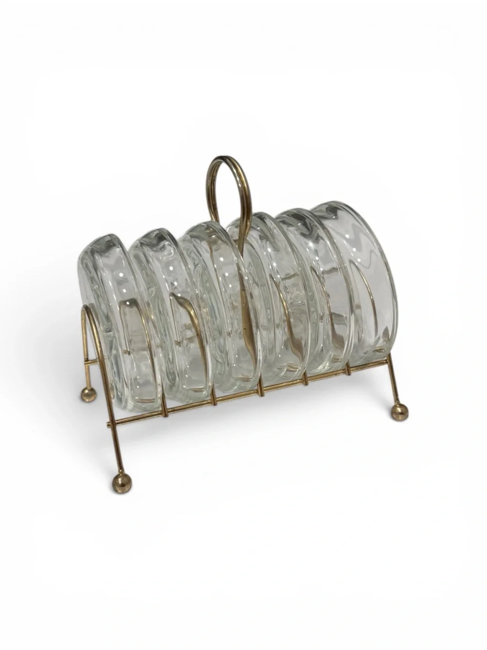 Vintage Mid‑Century Modern Glass Coasters & Brass Caddy – Fleur‑de‑Lis Set of 6